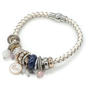 Bracelet, Euro Beads, White Leather with Magnetic Clasp.